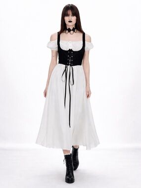 Goth Fairy Princess White Milkmaid Peasant Corset Dress Sz Small